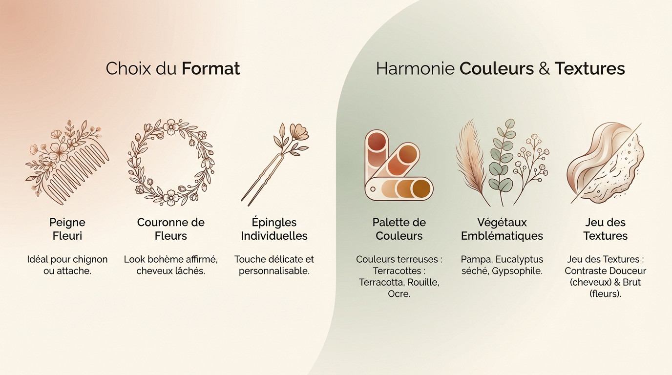 Accessoires de coiffure en fleurs séchées pour mariée bohème chic