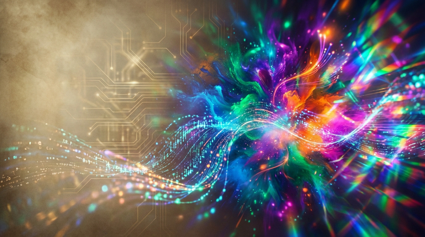 Digital art: Sepia data streams flow into a vibrant explosion of blues, greens, purples, oranges, fuchsia, symbolizing AI color generation.