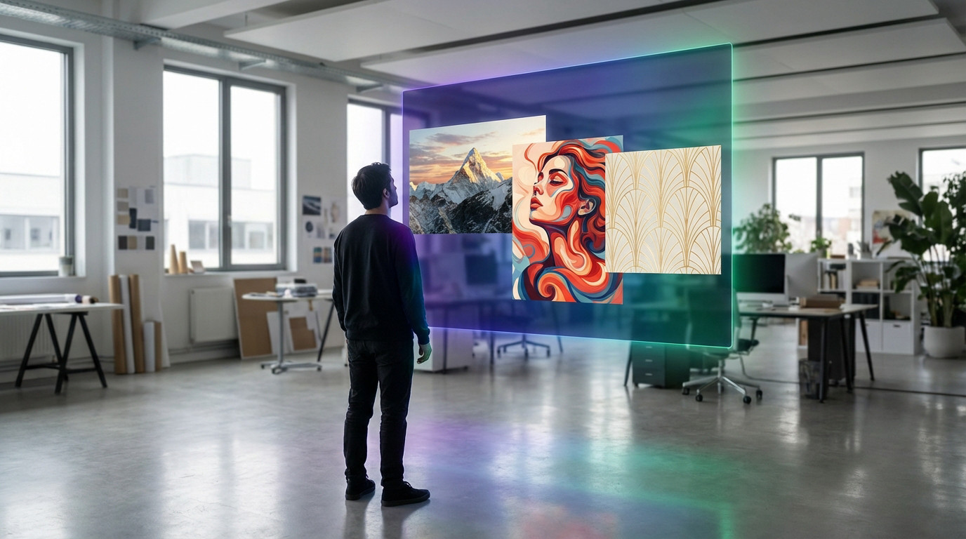 Person in a modern studio views a glowing holographic interface displaying AI-generated art: mountain, abstract face, and pattern.