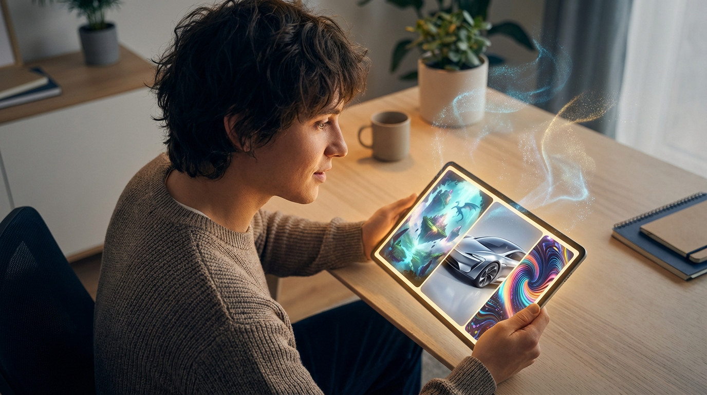A young adult views diverse AI-generated art (fantasy, concept car, abstract) on a glowing tablet, with shimmering digital particles.