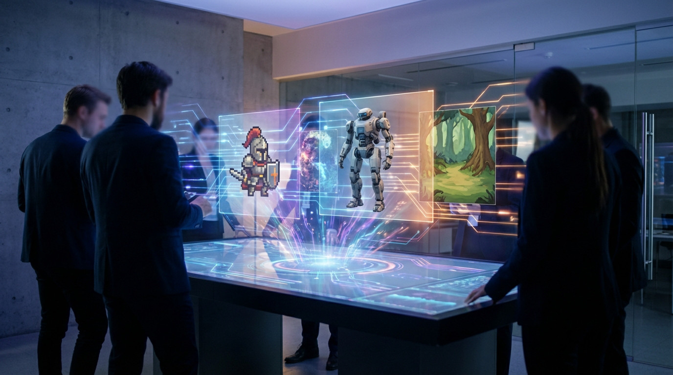 Holographic table displays AI-generated game assets (pixel knight, 3D robot, forest) to blurred developers in a futuristic studio.