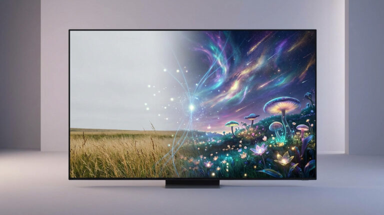 A screen displays a landscape split by AI transformation: a plain field on the left, and a vibrant, fantastical version with glowing plants and a nebula on the right.