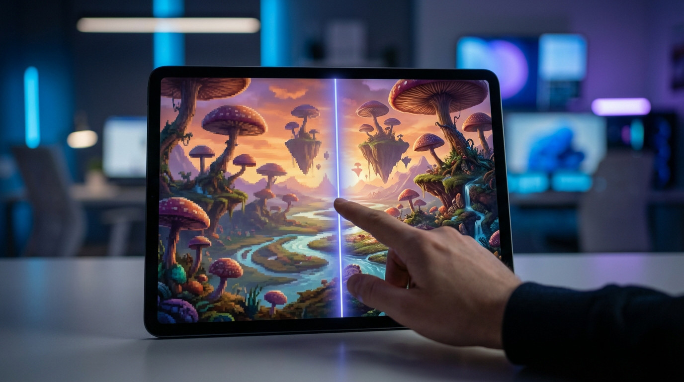 Tablet displays AI image upscale: pixelated fantasy landscape on left, sharp HD version on right, with a hand touching the screen.