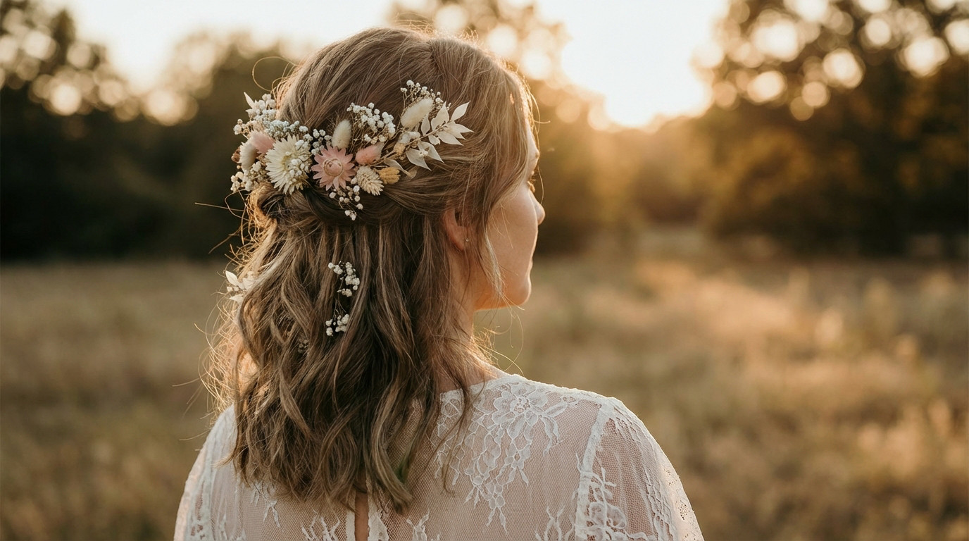 A woman from ¾ back angle, with a bohemian half-updo adorned with cream, white, and pastel dried flowers, in warm golden hour light.