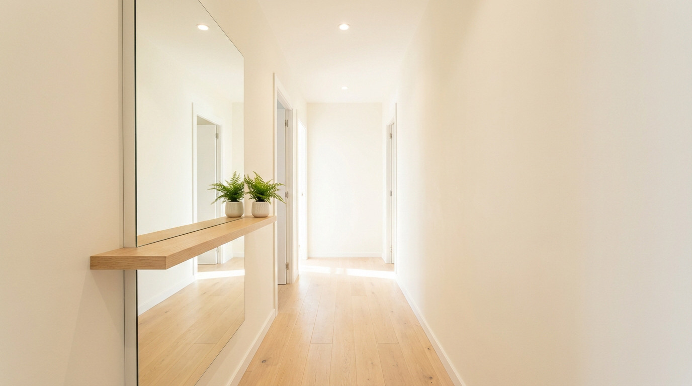 Bright, modern hallway with off-white walls, light wood floor, large frameless mirror, and floating shelf with green plants, creating an illusion of spaciousness.