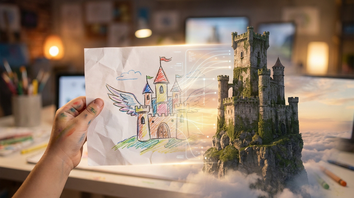 A child's crayon drawing of a winged castle transforms into a photorealistic, moss-covered stone castle through AI, with a luminous digital effect.