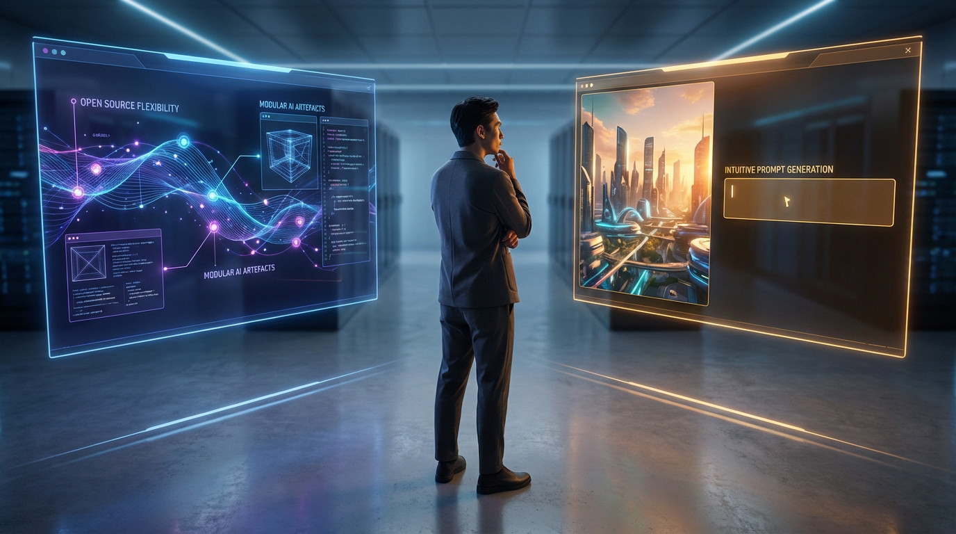 A figure contemplates two holographic AI art systems: a complex, open-source platform (blue) and an intuitive, prompt-based one (orange).