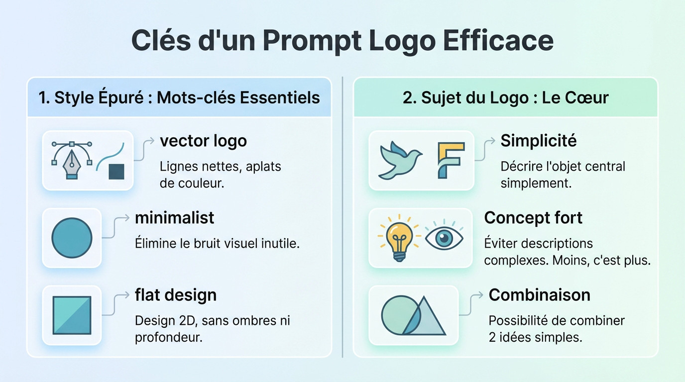 Schéma des éléments clés pour un prompt de logo vectoriel efficace sur Midjourney