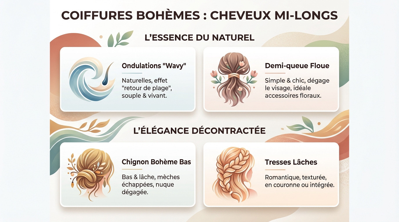 Inspiration coiffure mariage bohème mi-longs avec ondulations et fleurs séchées