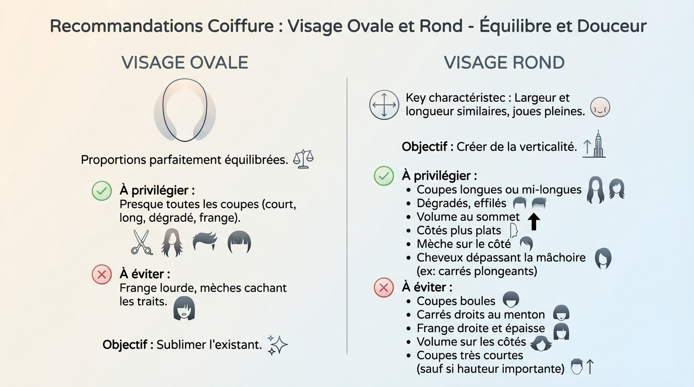 Illustration comparative des coupes de cheveux idéales pour visages ovales et ronds