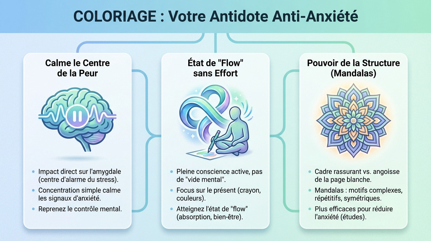 Femme détendue coloriant un mandala complexe pour apaiser son anxiété