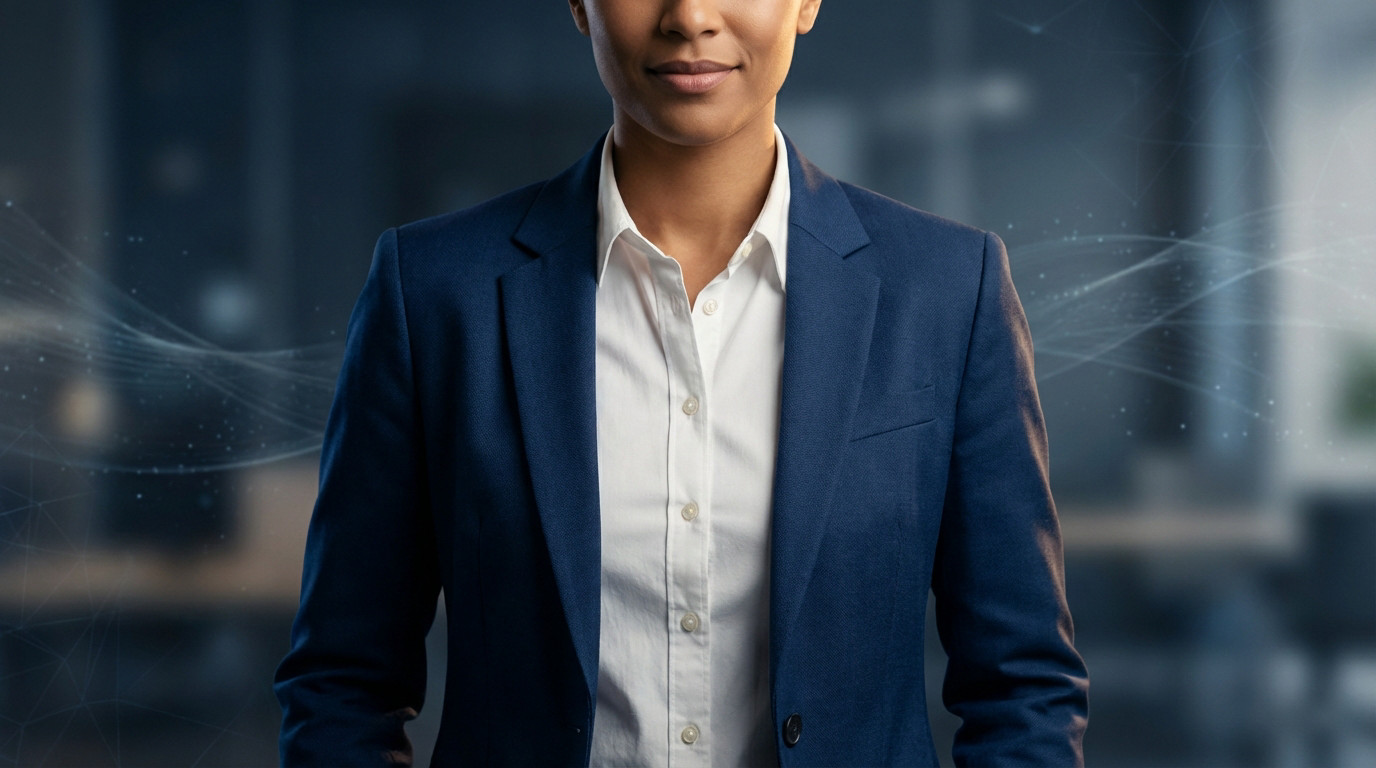 Chest-up shot of a confident individual in a dark blue blazer and white shirt, against a blurred, modern professional background with subtle digital patterns.