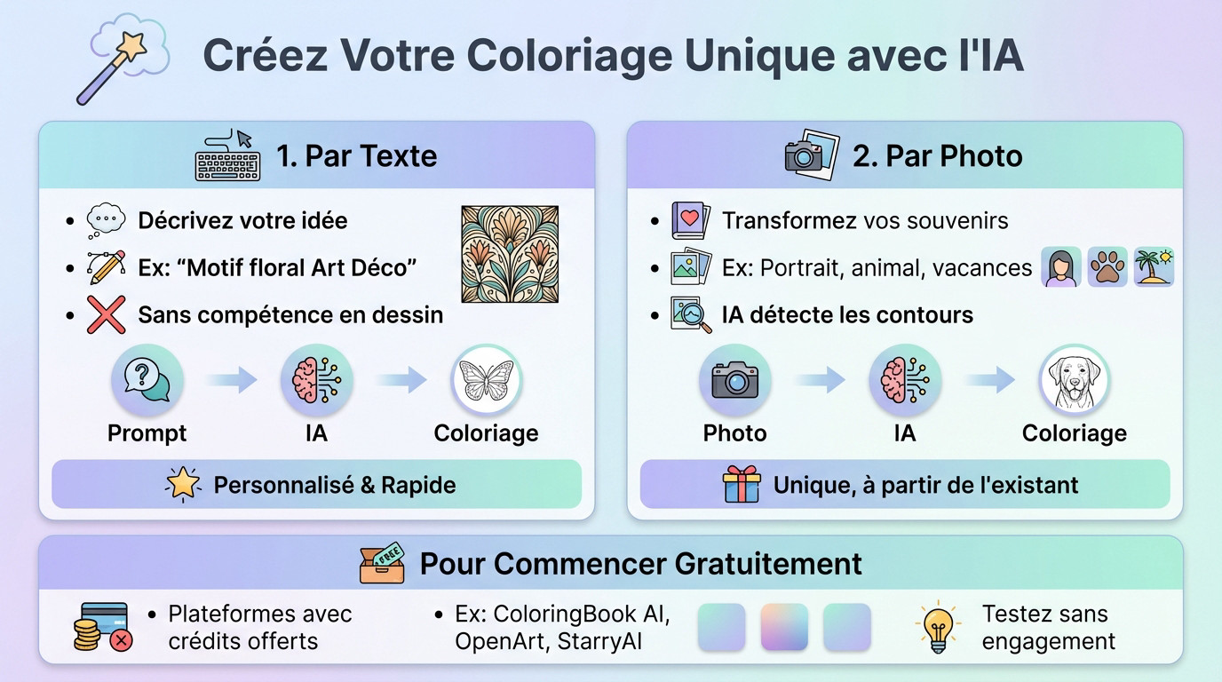 Illustration d'une femme créant un coloriage personnalisé sur tablette via une IA