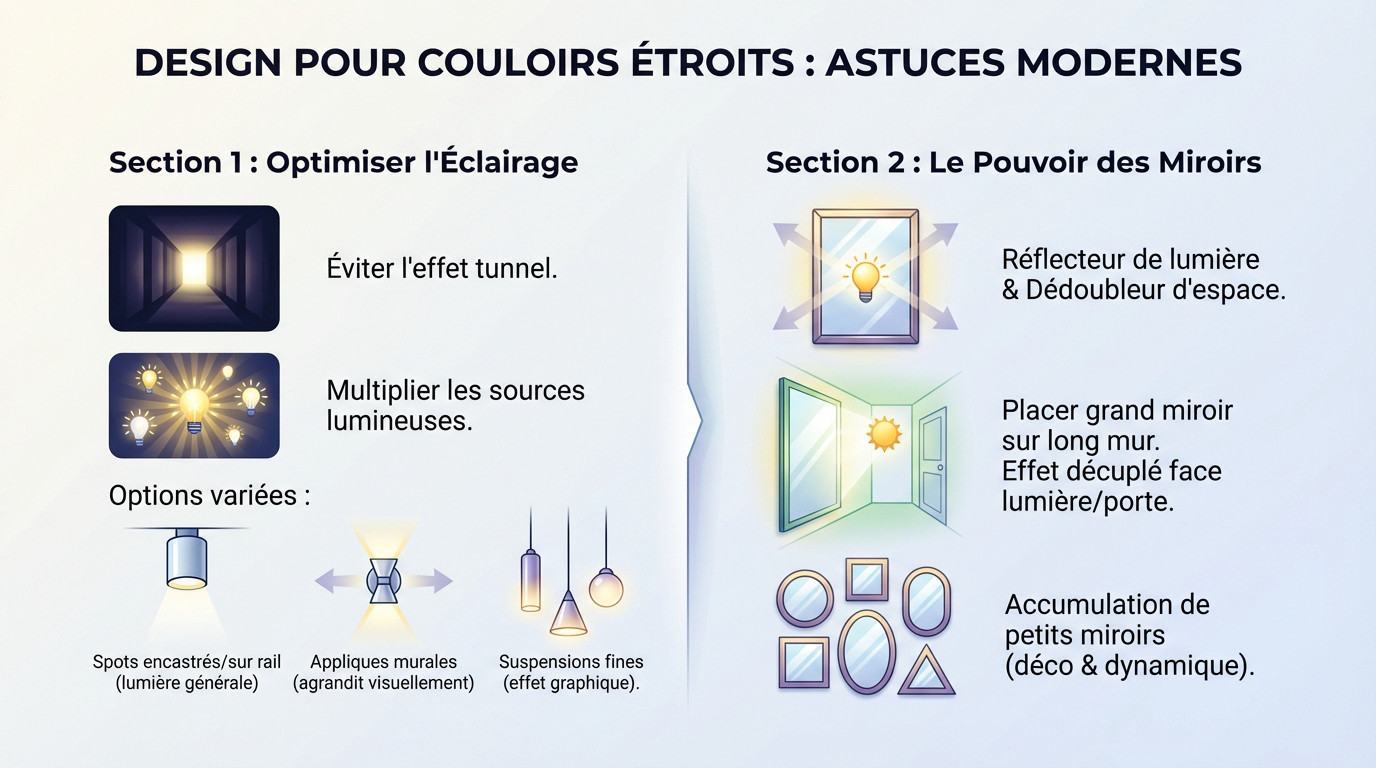 Couloir étroit moderne avec éclairage multiple et miroirs pour agrandir l'espace