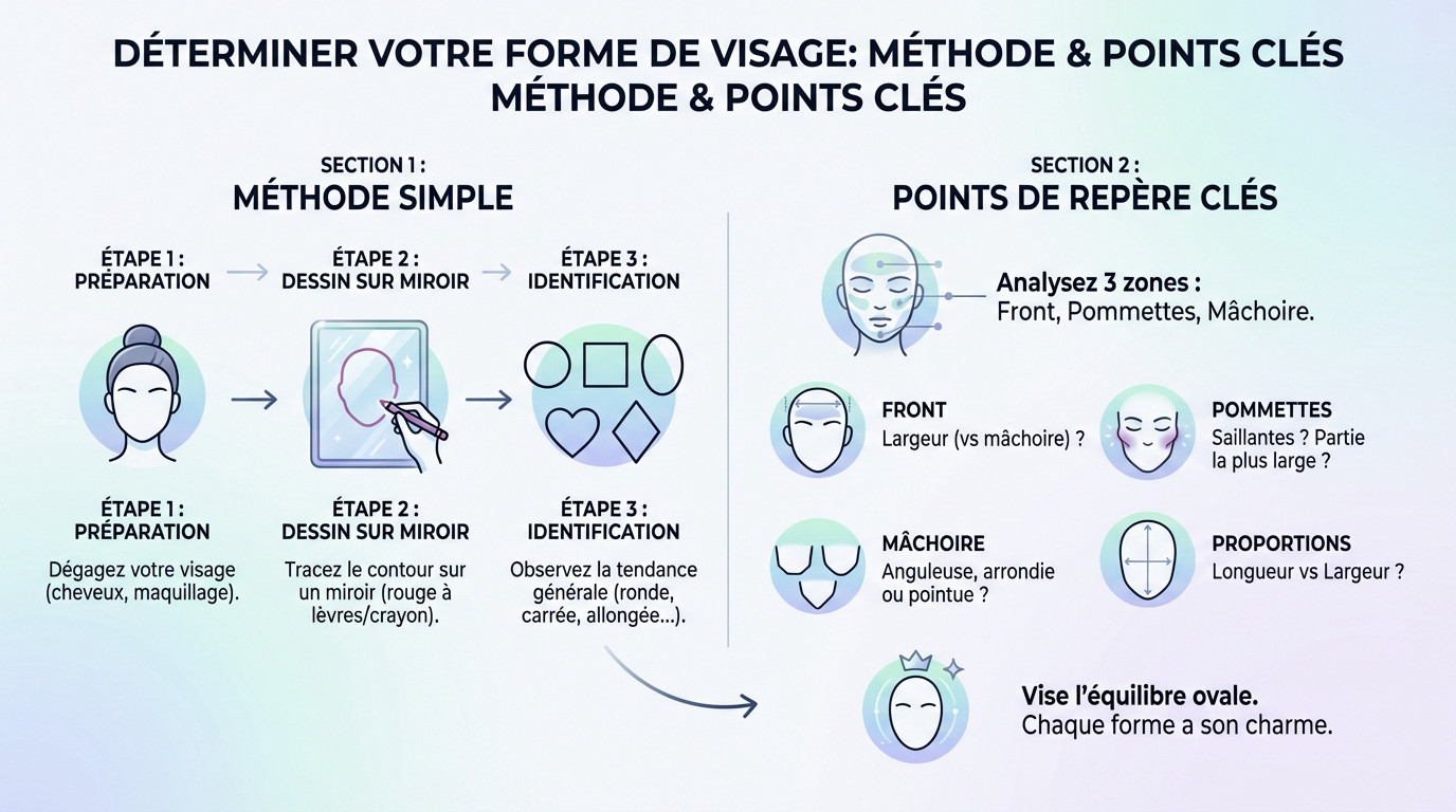 Illustration de la méthode du miroir pour identifier les points clés du visage : front, pommettes et mâchoire