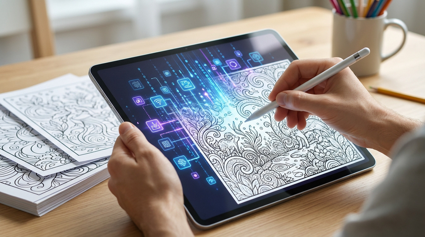 Hands use a stylus on a tablet, converting glowing digital data into a detailed black-and-white coloring page. Printed pages and pencils nearby.