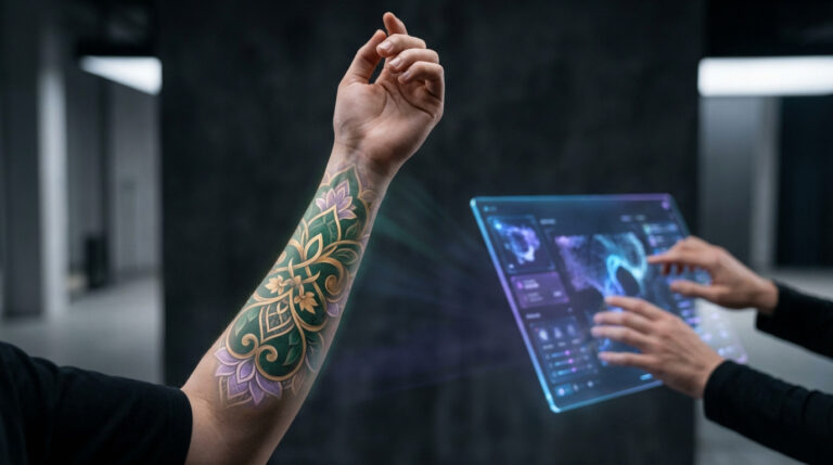 Forearm with luminous projected floral-geometric tattoo, hands interact with glowing holographic AI design tablet in modern studio.