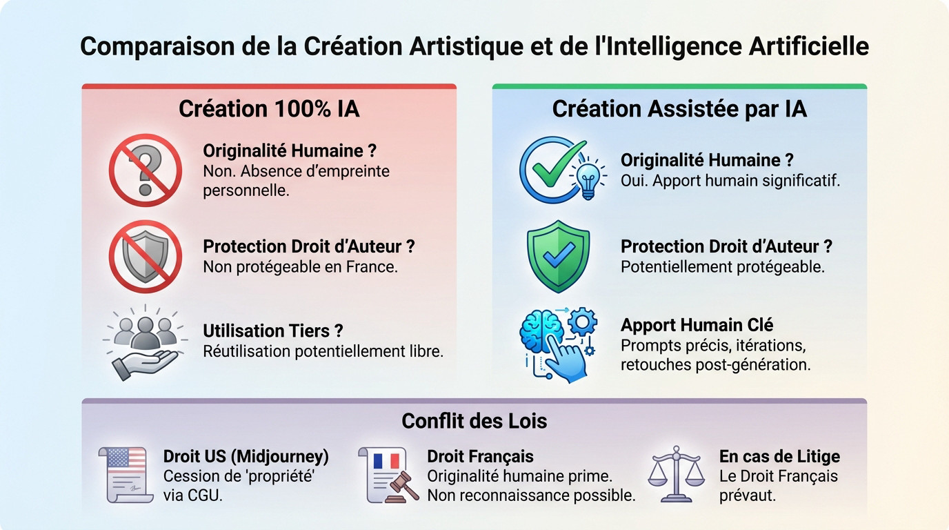 Comparaison des régimes de droit d'auteur France et USA pour les créations IA