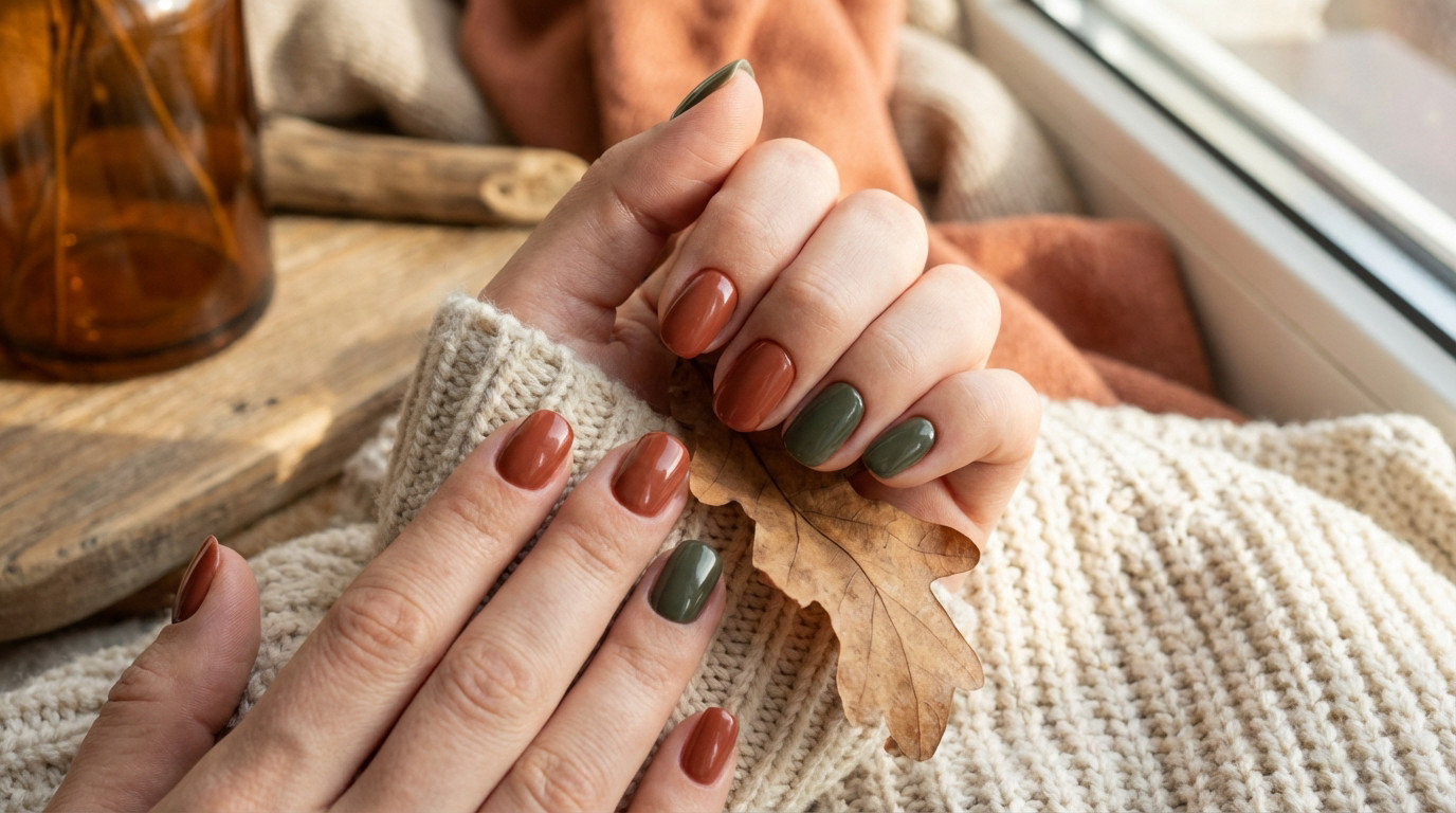 Mãos elegantemente manicuradas com unhas gel alternando terracota e verde oliva, segurando uma folha seca sobre um suéter de tricô. Luz suave de outono.