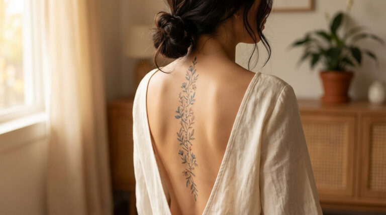 Rear view of a woman with an elegant, delicate floral tattoo running down her spine. Soft, warm light illuminates her back in a serene room.