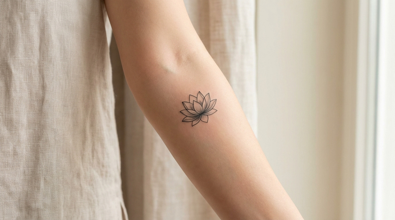 Close-up of a female's inner forearm displaying a small, minimalist black line lotus flower tattoo. Soft natural light illuminates the skin.