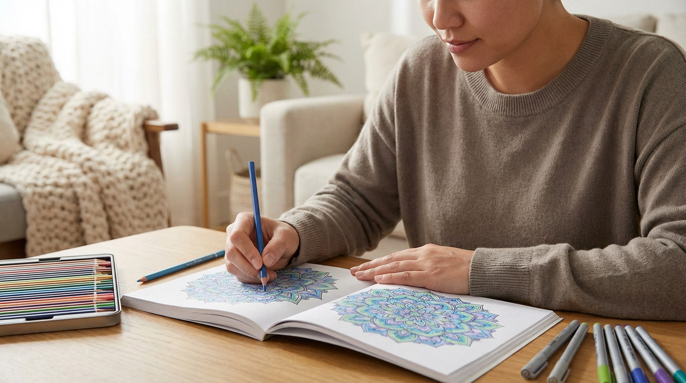 An adult person colors an intricate mandala design in a book with a blue pencil. A tin of colored pencils and markers are on the table in a cozy, sunlit room.