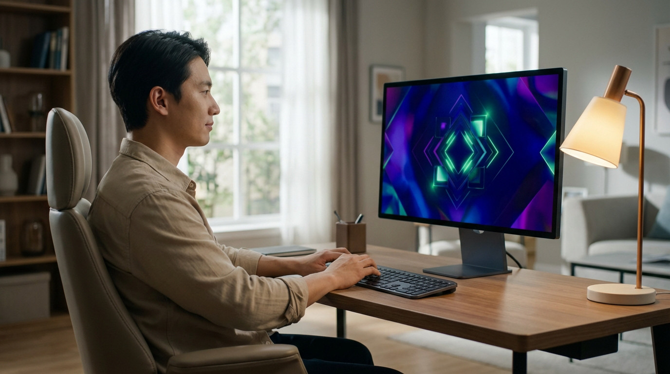 A man sits at a modern desk, focused on a large monitor displaying vibrant, abstract digital art with glowing geometric shapes.