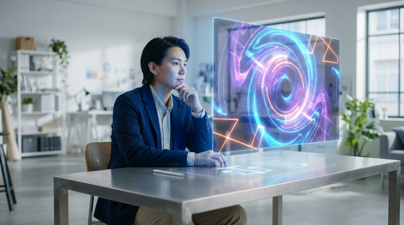Individual contemplates vibrant AI-generated art on a holographic display. Legal symbols and stylus on a sleek desk in a modern studio.