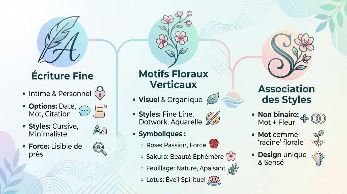 Femme avec un tatouage élégant le long de la colonne vertébrale, hésitant entre écriture fine et motif floral