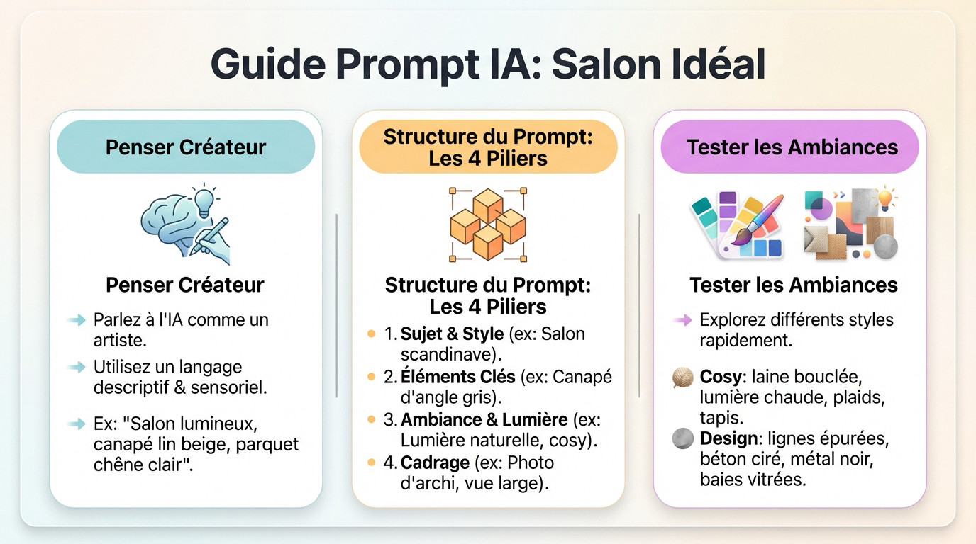 Salon moderne et lumineux généré par IA avec un prompt structuré pour l'architecture intérieure