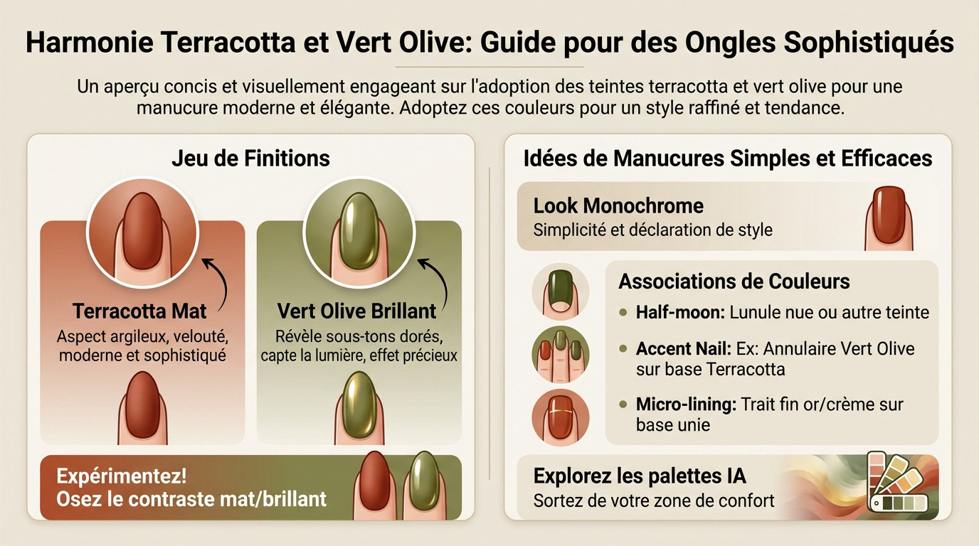 Harmonie manucure automne 2026 terracotta et vert olive sophistiquée