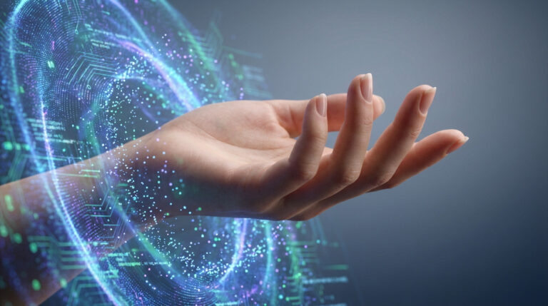 Photorealistic human hand, fingers extended, emerging from a luminous, swirling blue, purple, and green digital energy field with AI patterns.