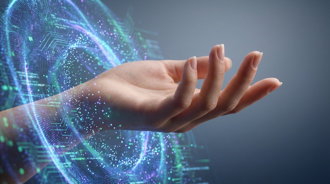 Photorealistic human hand, fingers extended, emerging from a luminous, swirling blue, purple, and green digital energy field with AI patterns.
