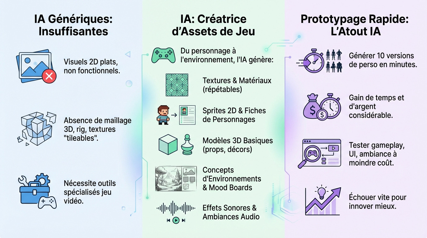 Schéma montrant les limites de l'IA générative classique face aux besoins techniques du prototypage de jeux vidéo