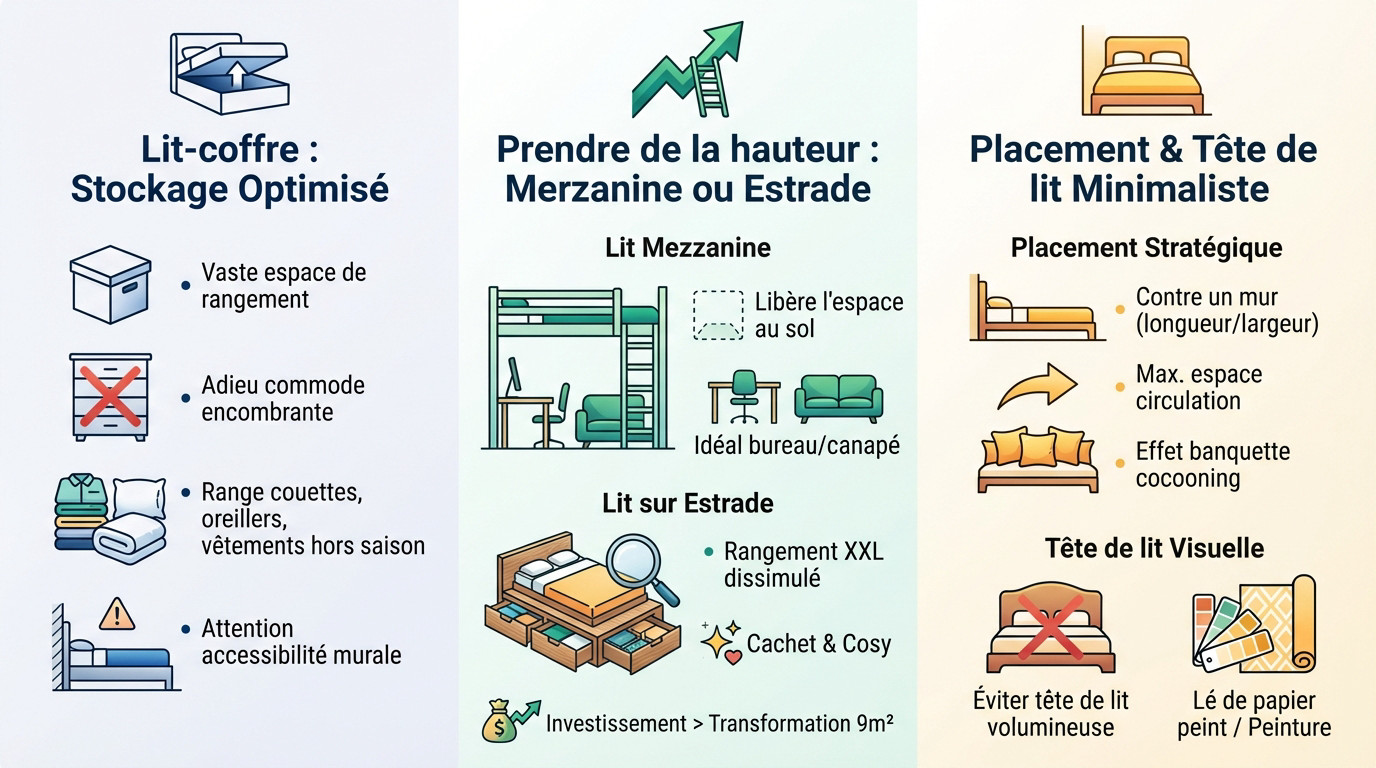 Infographie illustrant des idées d'aménagement pour une petite chambre de 9m2 optimisée