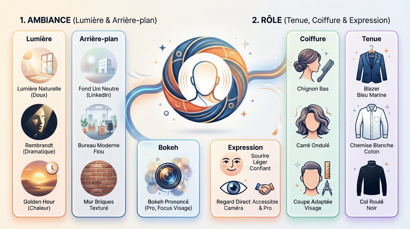 Infographie détaillant les éléments clés pour créer le portrait professionnel idéal avec l'IA