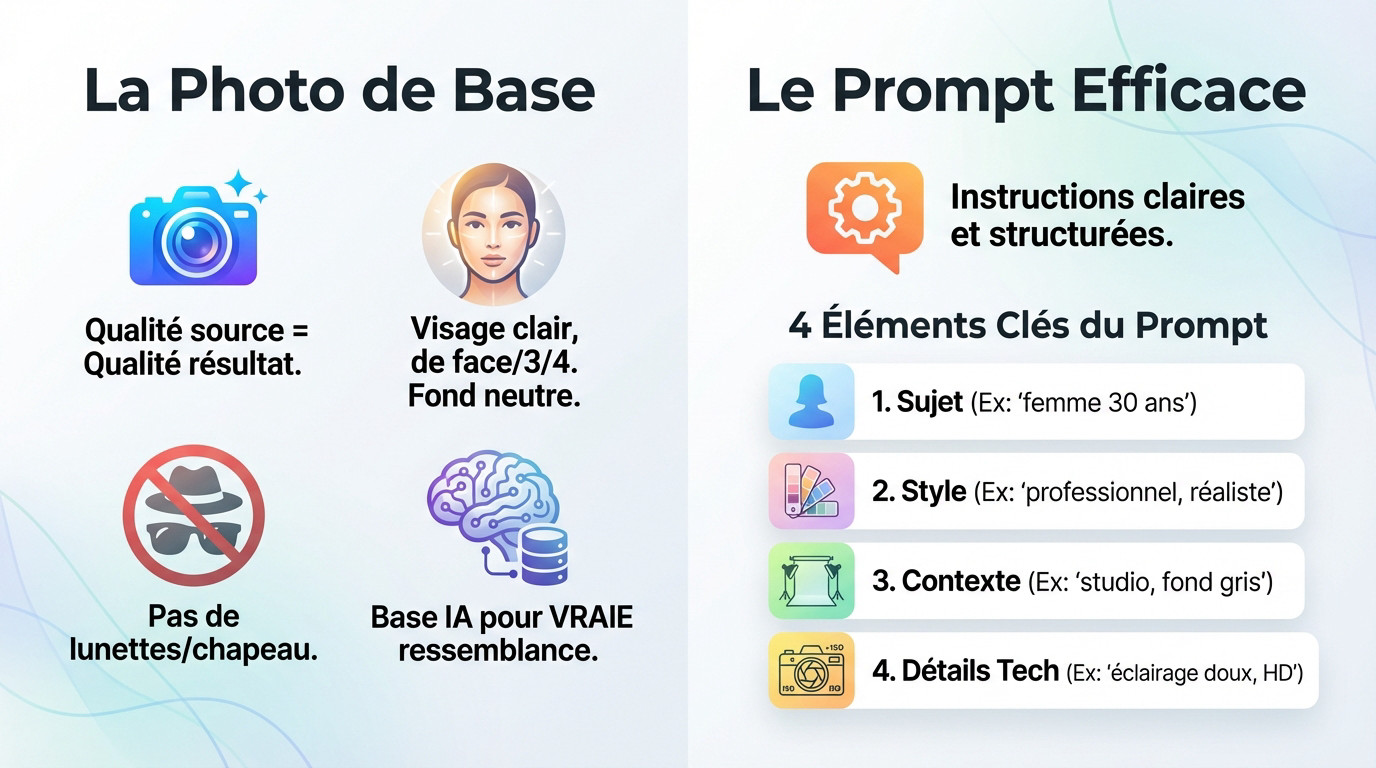 Infographie expliquant le lien entre une photo de base de qualité et un prompt IA structuré pour LinkedIn