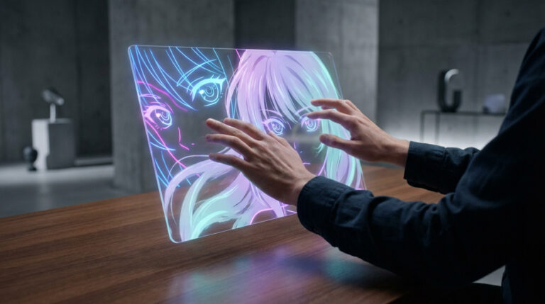Anonymous hands interact with a glowing, translucent holographic display showing vibrant anime-style eyes and hair in electric blues, magentas, and purples. Modern studio setting.
