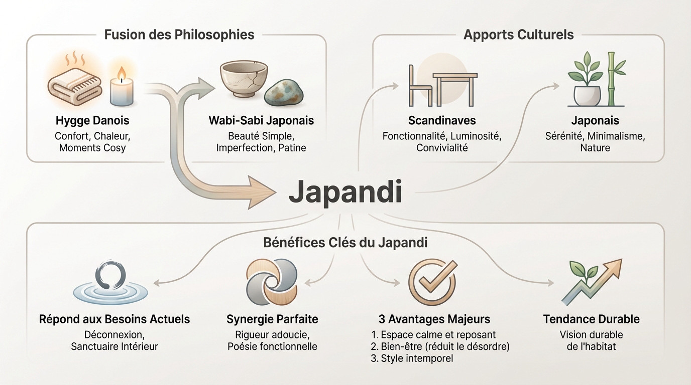 Schéma expliquant la fusion entre le confort hygge et l'esthétique wabi-sabi pour un salon Japandi