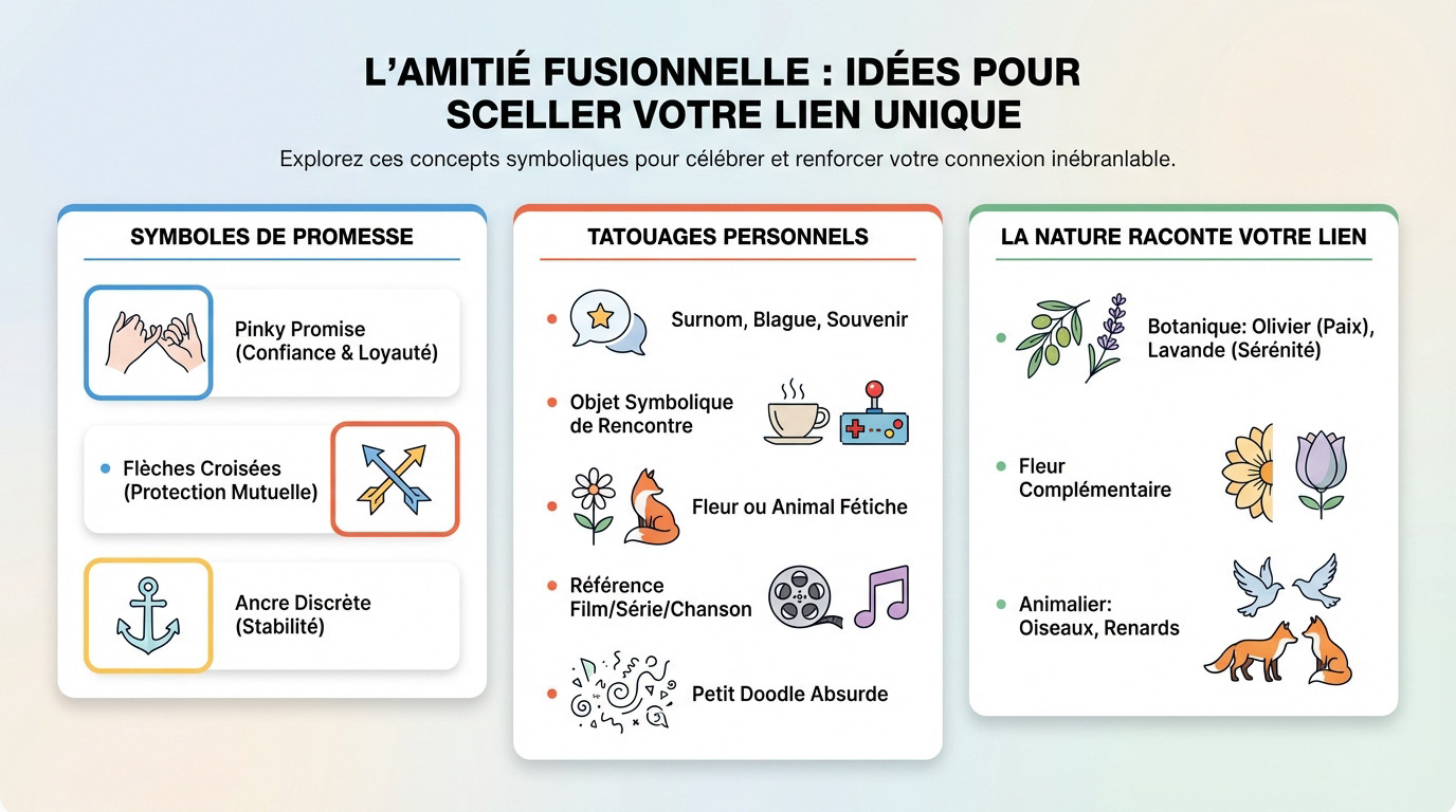 tatouage <strong>amitié fusionnelle</strong> symbole discret poignet »></p>
<p>Maintenant que les bases sont posées, passons aux idées concrètes. Commençons par ce lien si particulier qu&rsquo;est l&rsquo;amitié fusionnelle.</p>
<h3 id=