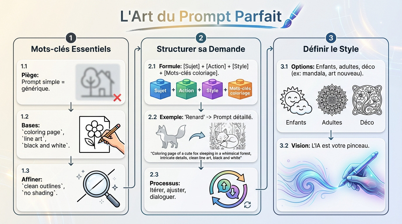 Illustration artistique montrant la rédaction d'un prompt parfait pour générer un coloriage IA