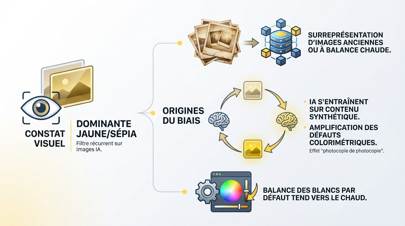 Comparaison visuelle montrant le filtre jaune sépia typique des images générées par IA