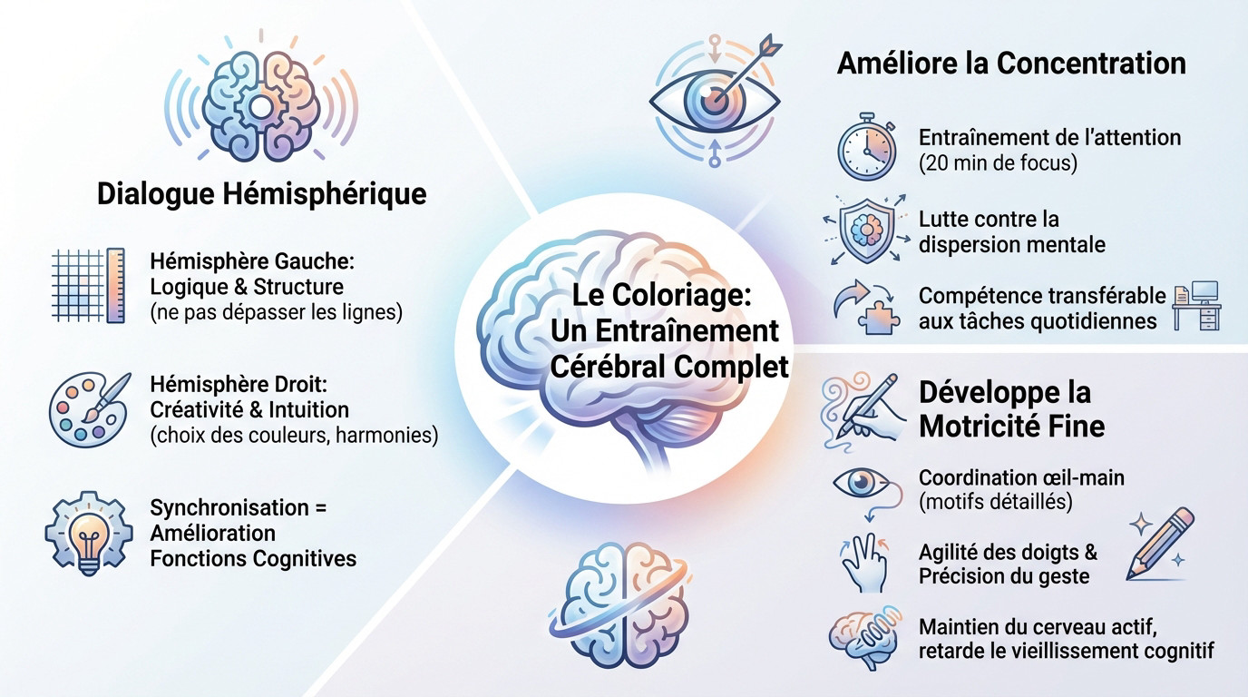 Schéma illustrant l'activation des hémisphères cérébraux lors du coloriage