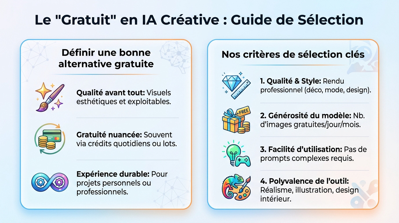 Graphique illustrant les critères de sélection d'une IA génératrice d'images : qualité, coût et facilité d'usage