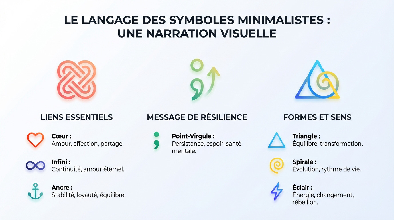 Illustration de symboles minimalistes populaires pour tatouages : cœur, infini, ancre et formes géométriques