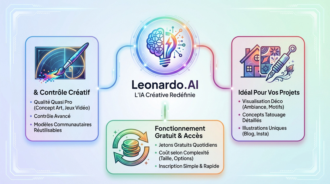Interface de Leonardo AI montrant la génération d'images de qualité concept art et les options de crédits gratuits
