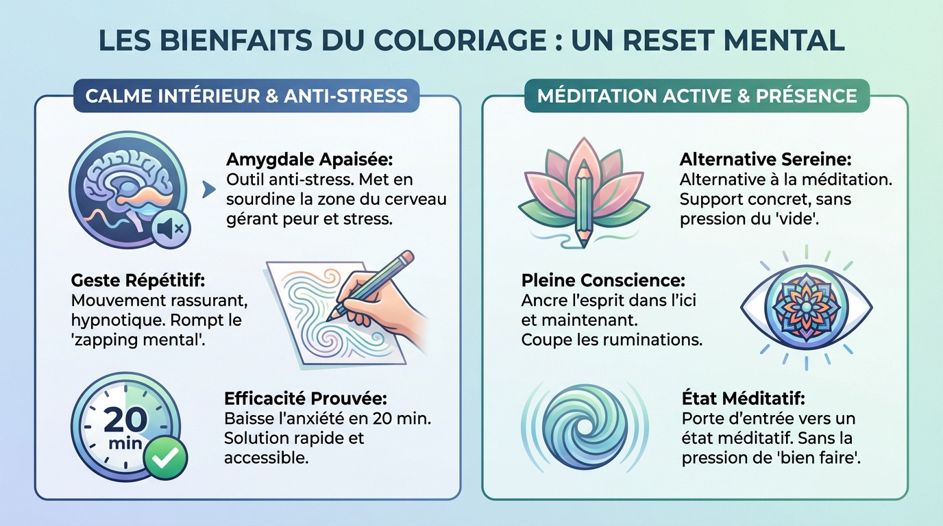 Femme détendue pratiquant le coloriage pour réduire son stress mental