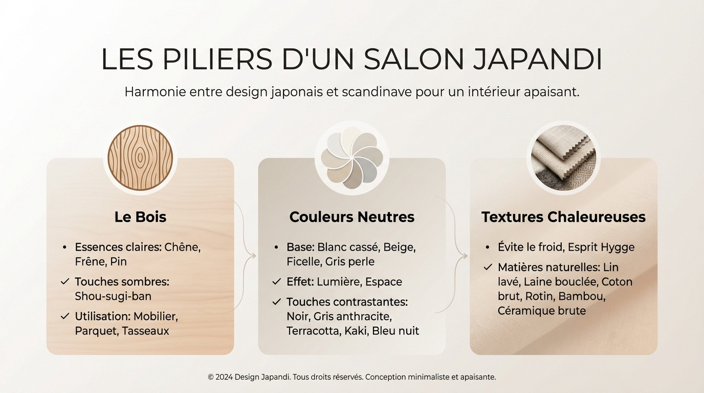 Salon Japandi lumineux mêlant bois clair et minimalisme scandinave