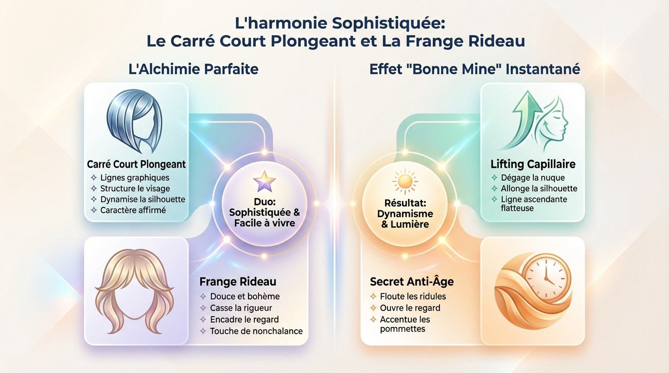 Femme portant un carré court plongeant avec frange rideau, illustrant la tendance coiffure 2026