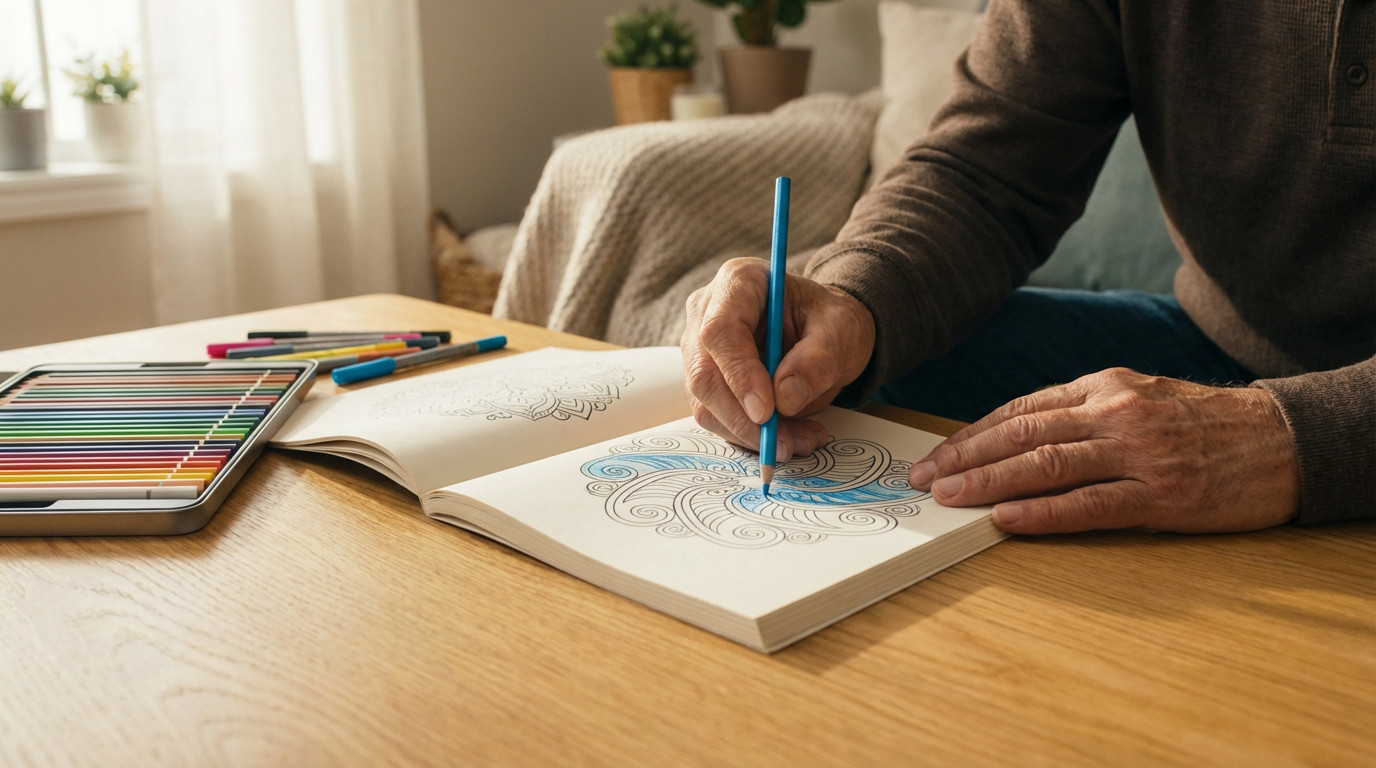 Hands meticulously coloring an intricate pattern in an adult coloring book on a light wooden table, surrounded by colorful pencils, bathed in warm light.